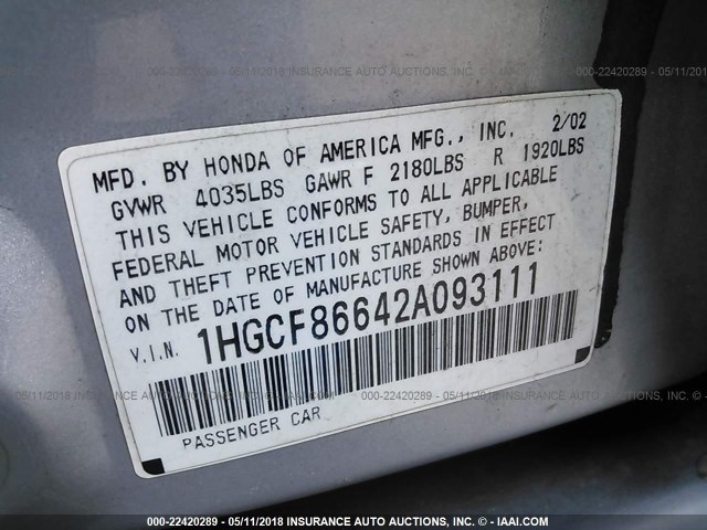 1HGCF86642A093111 - 2002 HONDA ACCORD VALUE SILVER photo 9