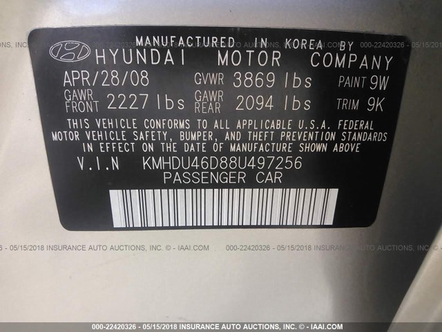 KMHDU46D88U497256 - 2008 HYUNDAI ELANTRA GLS/SE/LIMITED BEIGE photo 9