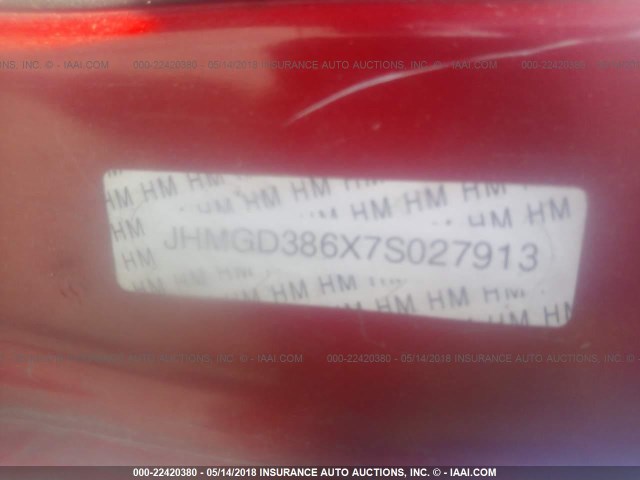 JHMGD386X7S027913 - 2007 HONDA FIT S RED photo 9