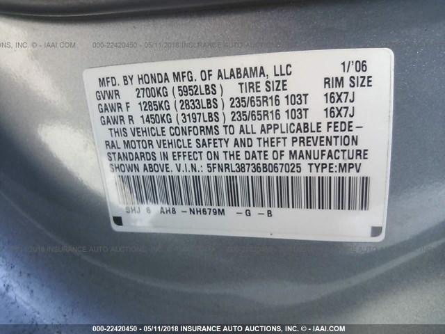 5FNRL38736B067025 - 2006 HONDA ODYSSEY EXL GRAY photo 9