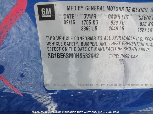 3G1BE6SM0HS532942 - 2017 CHEVROLET CRUZE LT BLUE photo 9