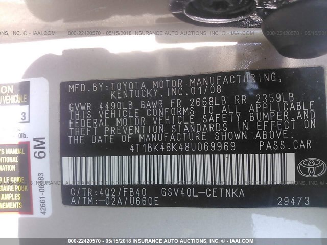 4T1BK46K48U069969 - 2008 TOYOTA CAMRY LE/XLE/SE ოქროსფერი ფოტო 9