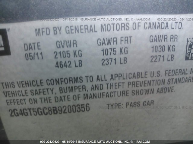 2G4GT5GC8B9200356 - 2011 BUICK REGAL CXL GRAY photo 9