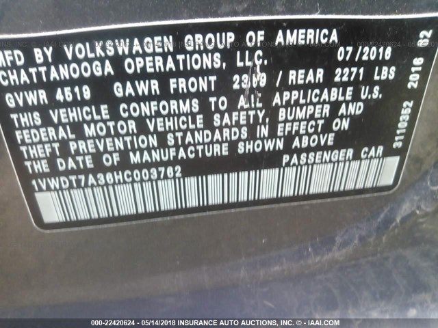 1VWDT7A36HC003762 - 2017 VOLKSWAGEN PASSAT R-LINE Boz foto 9
