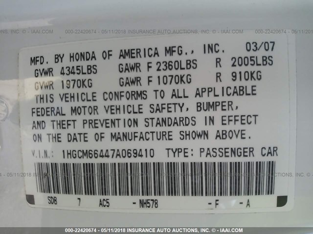 1HGCM66447A069410 - 2007 HONDA ACCORD SE WHITE photo 9