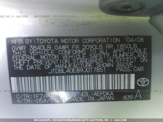JTDBL40E89J017851 - 2009 TOYOTA COROLLA LE/XLE SILVER photo 9