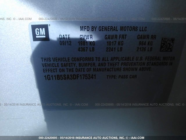 1G11B5SA3DF175341 - 2013 CHEVROLET MALIBU LS ბეჟი ფოტო 9