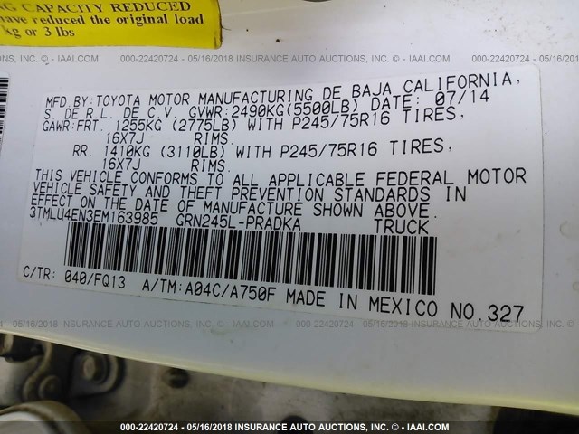 3TMLU4EN3EM163985 - 2014 TOYOTA TACOMA DOUBLE CAB თეთრი ფოტო 9