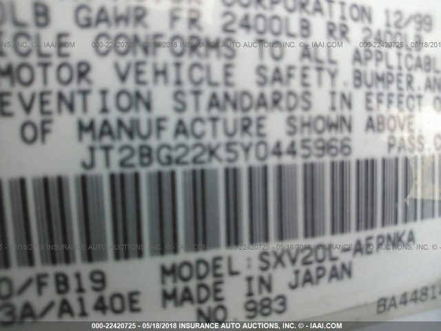 JT2BG22K5Y0445966 - 2000 TOYOTA CAMRY CE/LE/XLE WHITE photo 9
