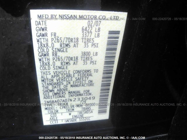 1N6BA07A07N233049 - 2007 NISSAN TITAN XE/SE/LE BLACK photo 9