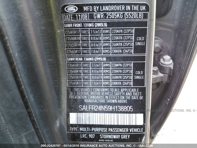 SALFR24N59H138805 - 2009 LAND ROVER LR2 HSE GRAY photo 9