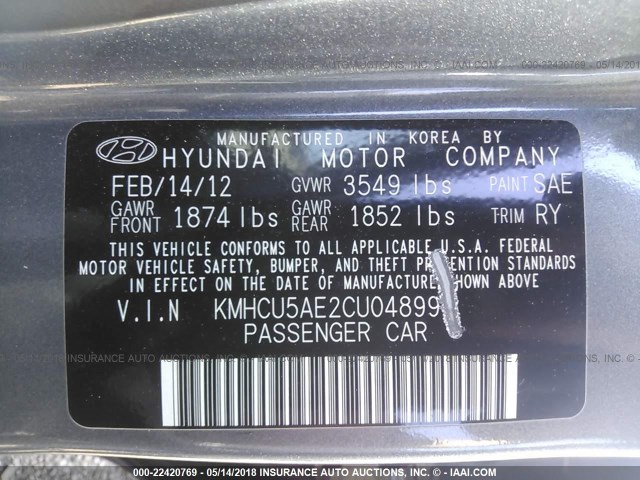 KMHCU5AE2CU048990 - 2012 HYUNDAI ACCENT GLS/GS/SE GRAY photo 9