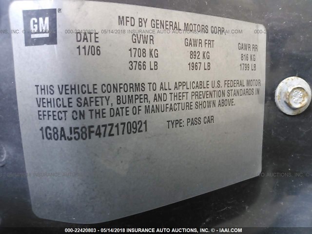 1G8AJ58F47Z170921 - 2007 SATURN ION LEVEL 2 GRAY photo 9