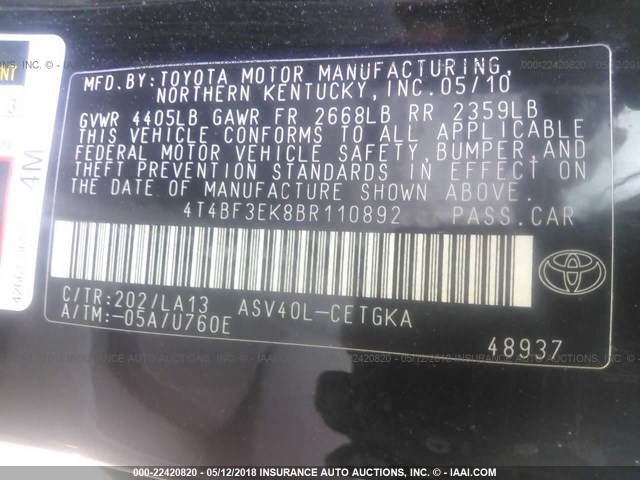 4T4BF3EK8BR110892 - 2011 TOYOTA CAMRY SE/LE/XLE BLACK photo 9