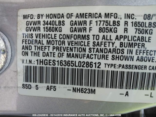 1HGES16365L028612 - 2005 HONDA CIVIC DX VP 银色 照片 9