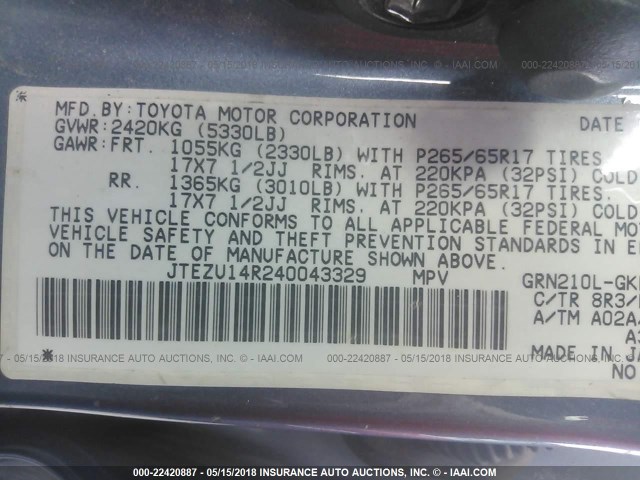 JTEZU14R240043329 - 2004 TOYOTA 4RUNNER SR5/SPORT BLUE photo 9