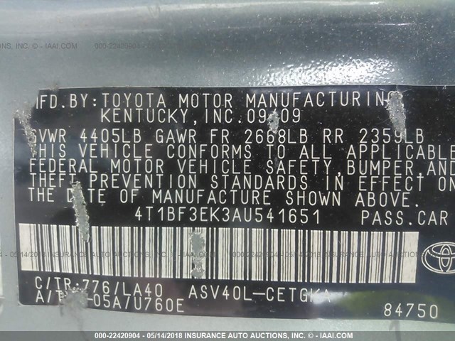 4T1BF3EK3AU541651 - 2010 TOYOTA CAMRY SE/LE/XLE TEAL photo 9