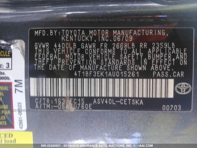 4T1BF3EK1AU015261 - 2010 TOYOTA CAMRY SE/LE/XLE ნაცრისფერი ფოტო 9