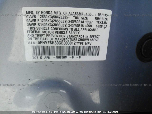 5FNYF6H30GB003012 - 2016 HONDA PILOT EX SILVER photo 9