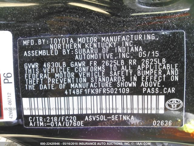 4T4BF1FK9FR502109 - 2015 TOYOTA CAMRY LE/XLE/SE/XSE BLACK photo 9