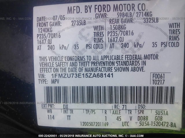 1FMZU73E15ZA68141 - 2005 FORD EXPLORER XLT/XLT SPORT/NBX 蓝色 照片 9