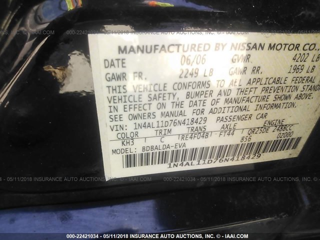 1N4AL11D76N418429 - 2006 NISSAN ALTIMA S/SL BLACK photo 9