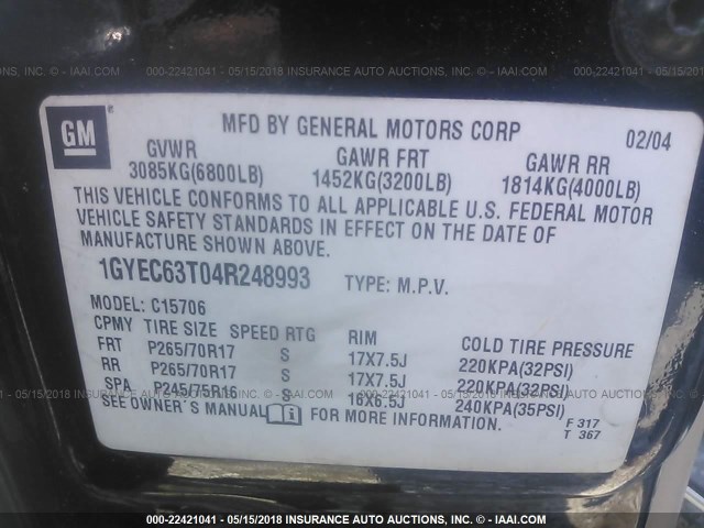 1GYEC63T04R248993 - 2004 CADILLAC ESCALADE LUXURY Qara foto 9