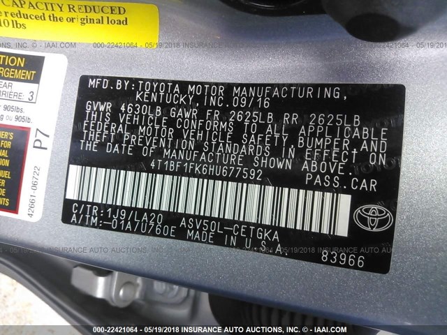 4T1BF1FK6HU677592 - 2017 TOYOTA CAMRY LE/XLE/SE/XSE SILVER photo 9