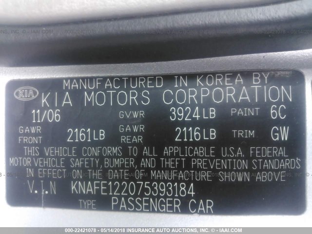 KNAFE122075393184 - 2007 KIA SPECTRA EX/LX SILVER photo 9