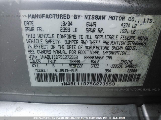 1N4BL11D75C273553 - 2005 NISSAN ALTIMA SE/SL/SE-R SILVER photo 9