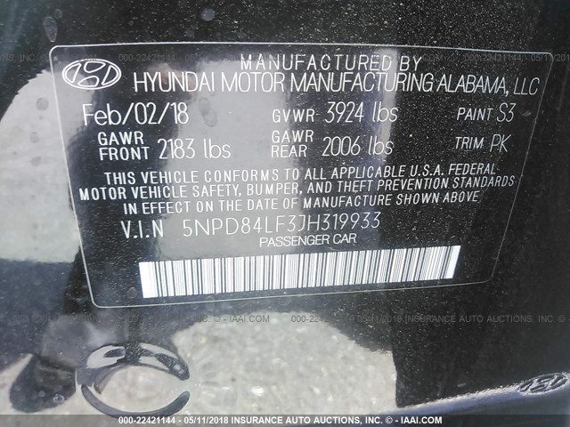 5NPD84LF3JH319933 - 2018 HYUNDAI ELANTRA SEL/VALUE/LIMITED BLACK photo 9