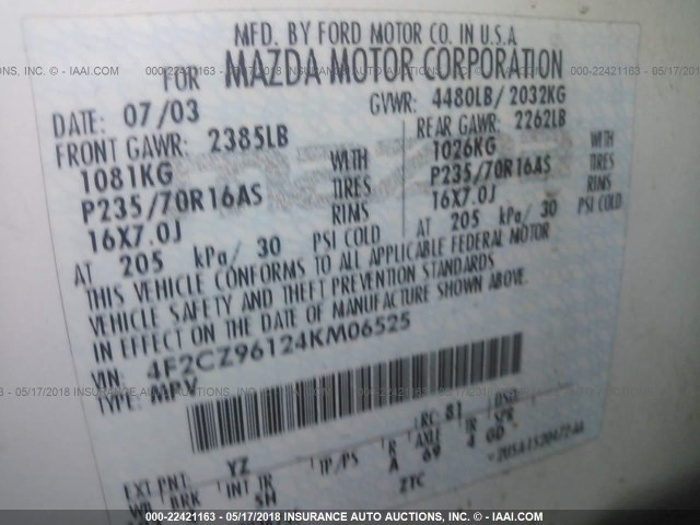 4F2CZ96124KM06525 - 2004 MAZDA TRIBUTE ES 白色 照片 9