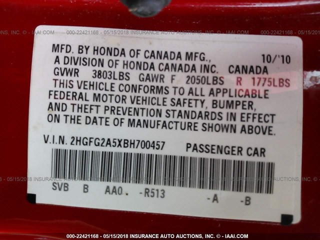 2HGFG2A5XBH700457 - 2011 HONDA CIVIC SI RED photo 9