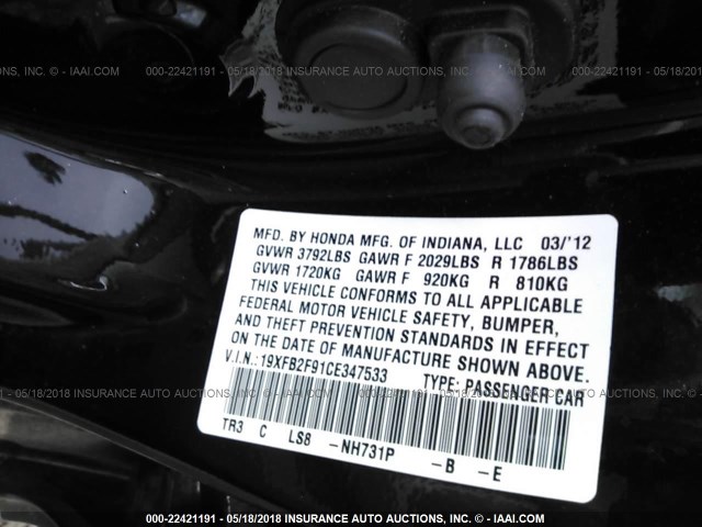 19XFB2F91CE347533 - 2012 HONDA CIVIC EXL BLACK photo 9
