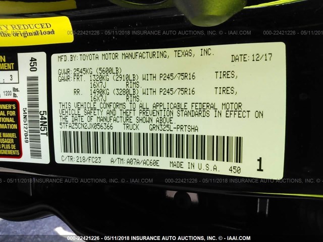 5TFAZ5CN2JX056366 - 2018 TOYOTA TACOMA DBL CAB/SR5/TRD SPORT/OR BLACK photo 9