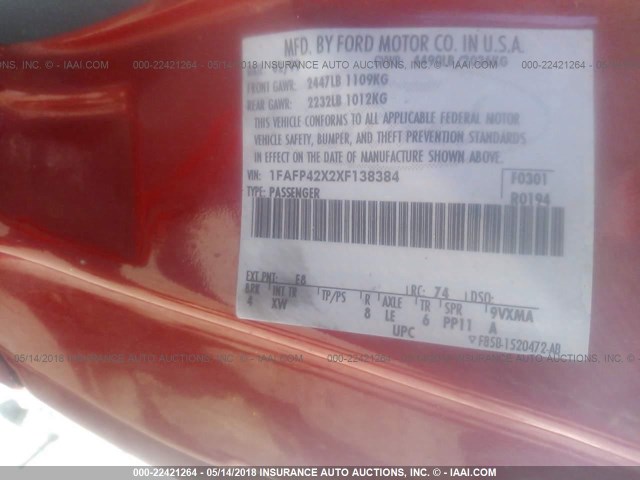 1FAFP42X2XF138384 - 1999 FORD MUSTANG GT RED photo 9