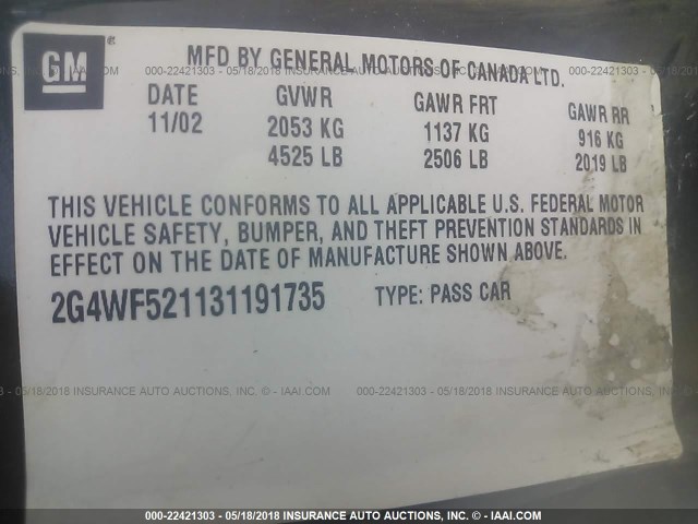 2G4WF521131191735 - 2003 BUICK REGAL GS BLACK photo 9
