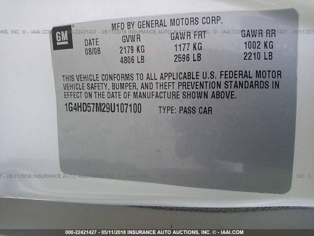 1G4HD57M29U107100 - 2009 BUICK LUCERNE CXL CREAM photo 9