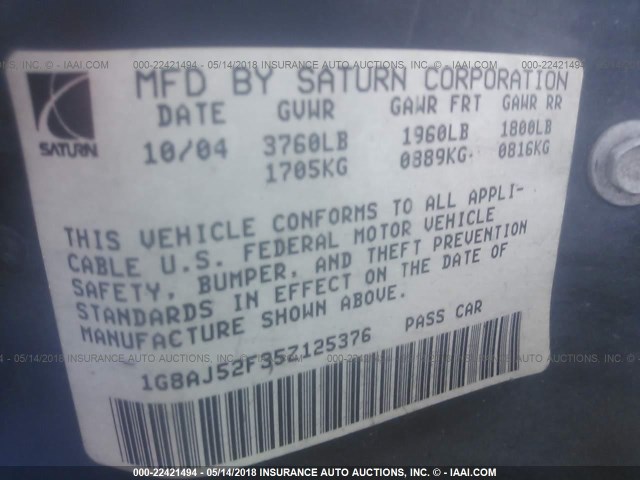 1G8AJ52F35Z125376 - 2005 SATURN ION LEVEL 2 Mavi foto 9