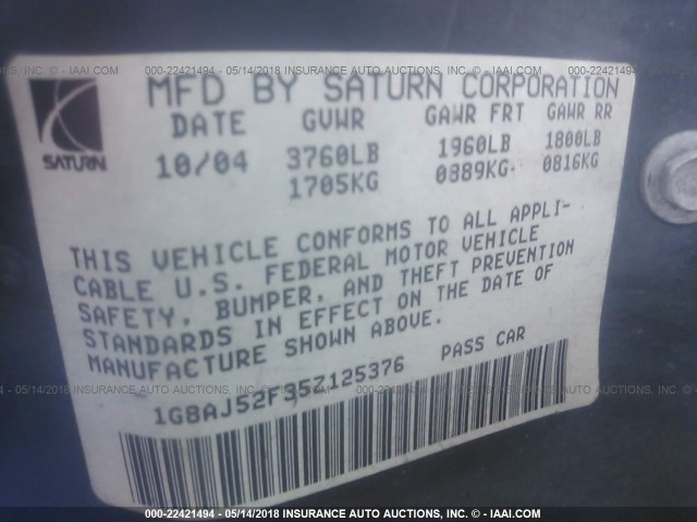 1G8AJ52F35Z125376 - 2005 SATURN ION LEVEL 2 BLUE photo 9