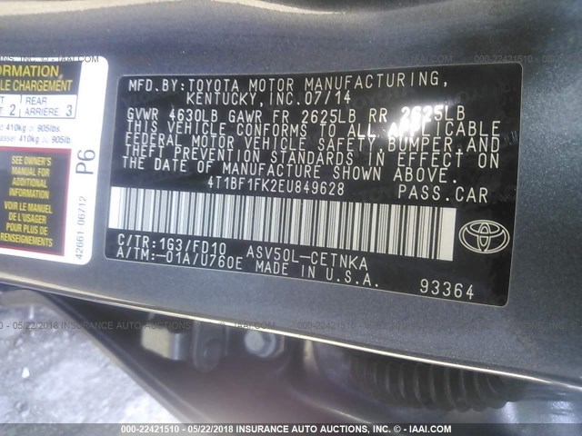 4T1BF1FK2EU849628 - 2014 TOYOTA CAMRY L/SE/LE/XLE ნაცრისფერი ფოტო 9