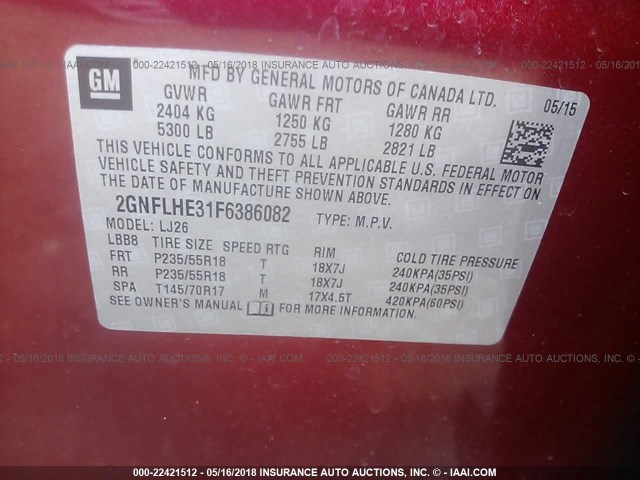 2GNFLHE31F6386082 - 2015 CHEVROLET EQUINOX LTZ RED photo 9