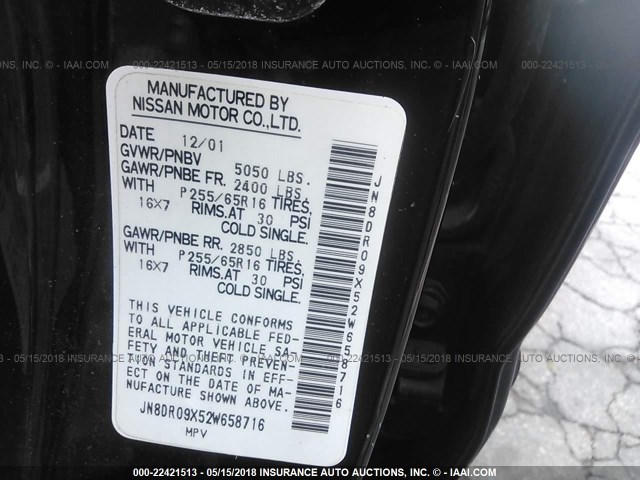 JN8DR09X52W658716 - 2002 NISSAN PATHFINDER LE/SE BLACK photo 9