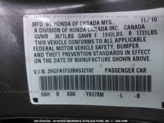 2HGFA1F53BH532102 - 2011 HONDA CIVIC LX GRAY photo 9