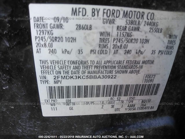 2FMDK3KC5BBA30922 - 2011 FORD EDGE LIMITED BLACK photo 9