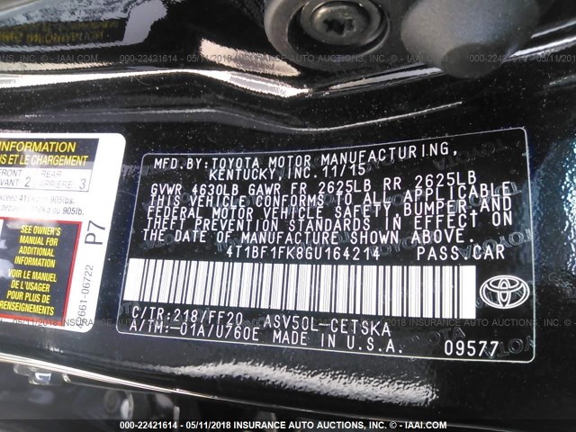 4T1BF1FK8GU164214 - 2016 TOYOTA CAMRY LE/XLE/SE/XSE შავი ფოტო 9