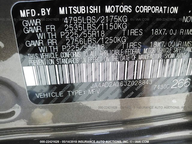 JA4AD2A36JZ028843 - 2018 MITSUBISHI OUTLANDER ES GRAY photo 9