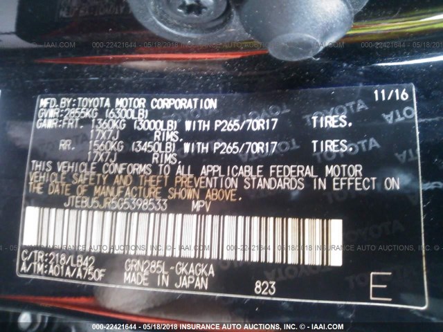 JTEBU5JR5G5398533 - 2016 TOYOTA 4RUNNER SR5 PREM/LTDL/TRAIL/TRD BLACK photo 9