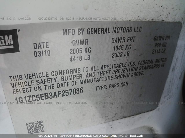 1G1ZC5EB3AF257036 - 2010 CHEVROLET MALIBU 1LT 白色 照片 9