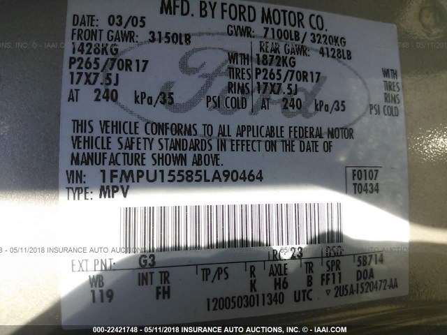 1FMPU15585LA90464 - 2005 FORD EXPEDITION XLT 金色 照片 9